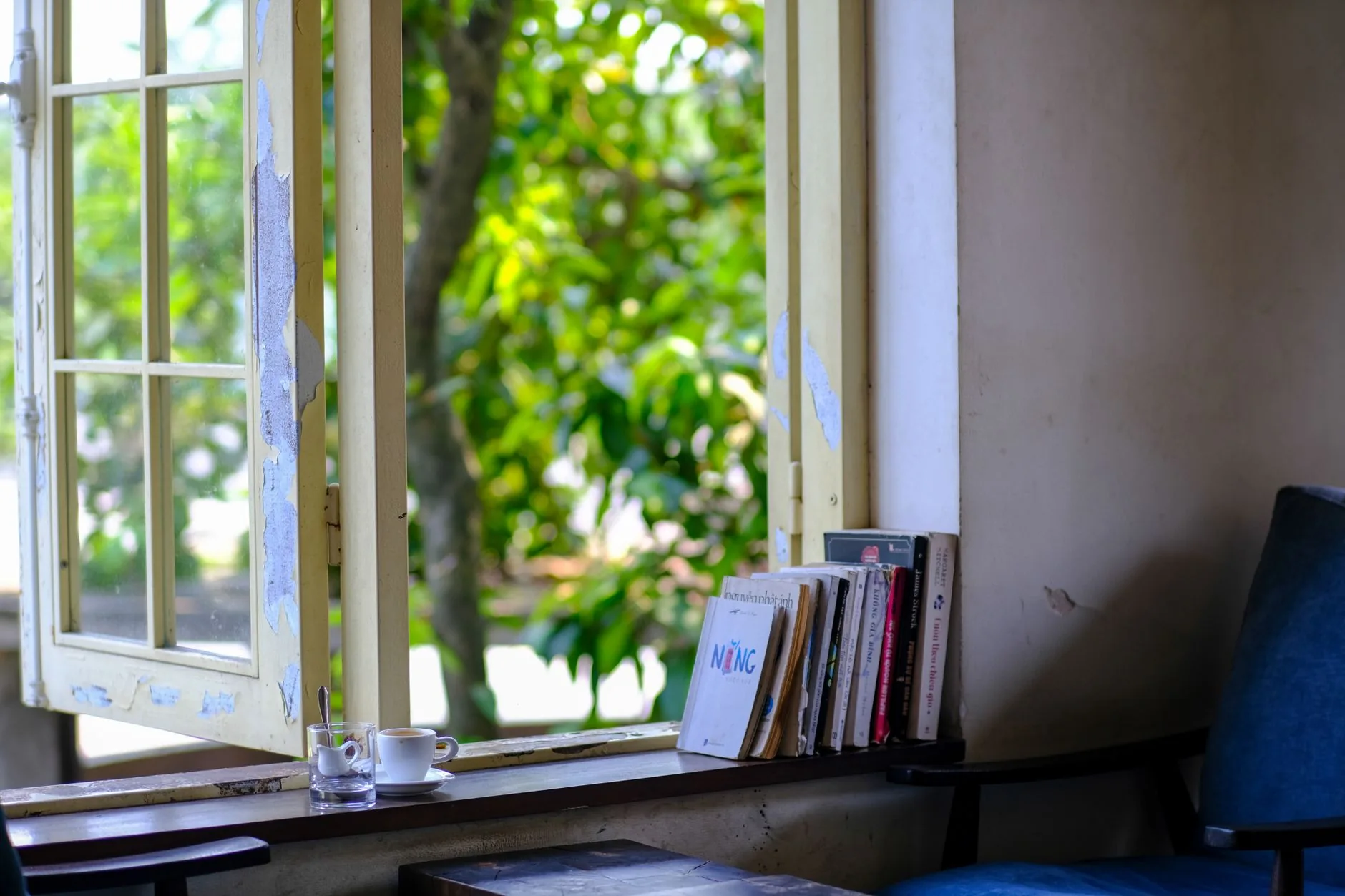 Rebord de fenêtre avec livres et tasses, fenêtre ouverte sur jardin verdoyant
