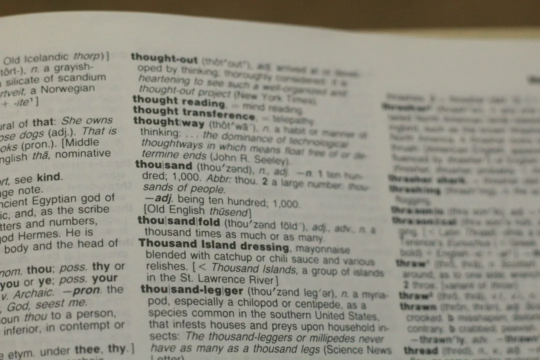 Gros plan sur les pages d'un dictionnaire anglais ouvert montrant plusieurs entrées de mots